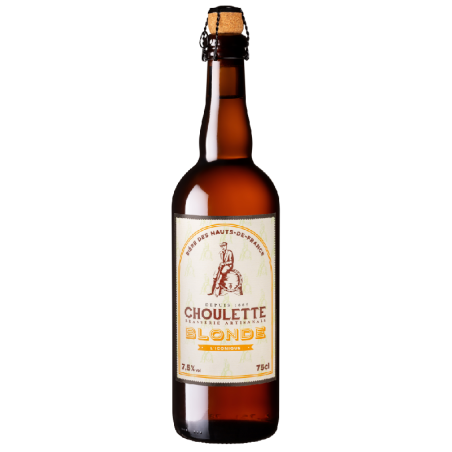 Bouteille de Choulette Blonde 75 cl, bière artisanale dorée avec mousse fine.