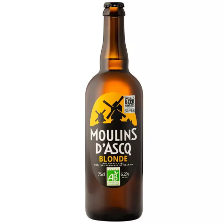 Bouteille de Moulins d'Ascq Blonde 75cl, bière bio artisanale dorée avec mousse fine