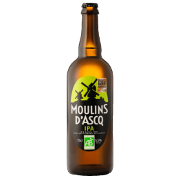 Bouteille de bière Moulin d'Ascq IPA 75cl avec sa robe blonde orangée et sa mousse crémeuse