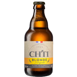 Bouteille de bière Ch'ti Blonde 33cl avec son étiquette emblématique et sa robe dorée