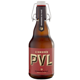Photo de la bouteille de PVL Ambrée 33 cl avec des éléments naturels comme de la chicorée et des houblons des Flandres.