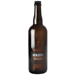 Bouteille de bière blanche Héroïne avec une mousse légère et une robe dorée