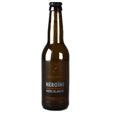 Bouteille de bière blanche Héroïne avec une mousse légère et une robe dorée