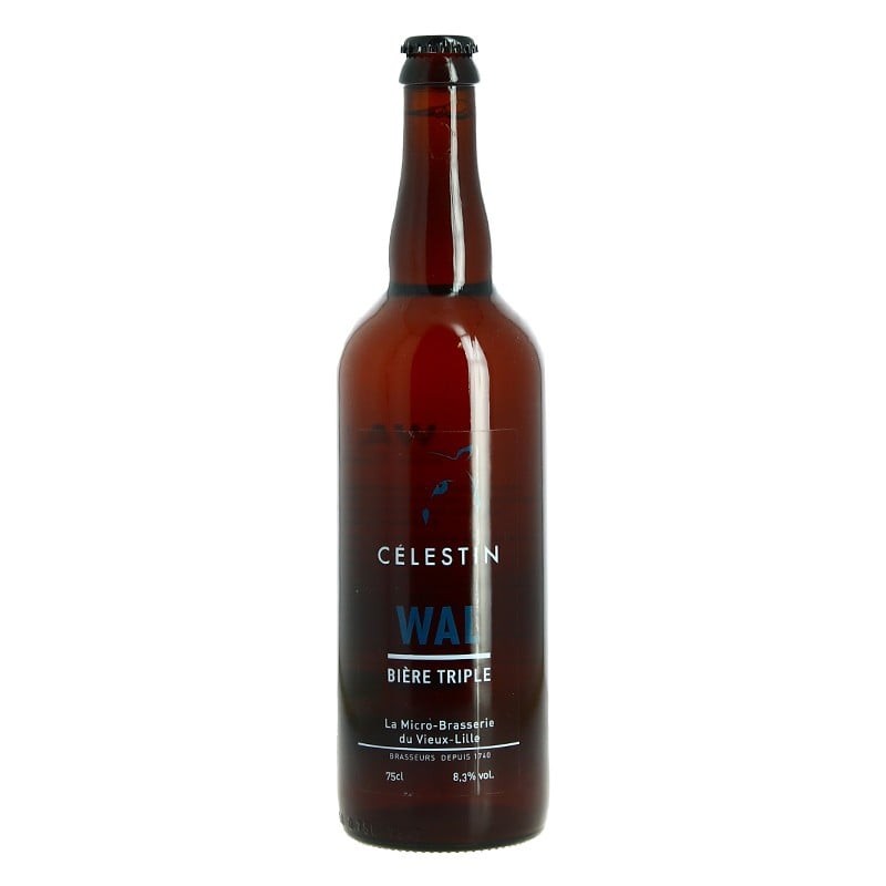 Bouteille de bière Wal Triple de la Brasserie Célestin avec fond naturel Bouteille de bière Wal Triple de la Brasserie Célestin avec fond naturel