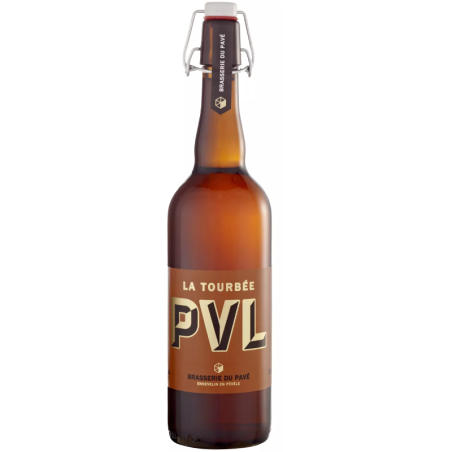Bouteille de bière PVL Tourbée avec sa robe dorée et mousse fine