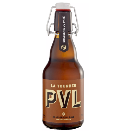 Bouteille de bière PVL Tourbée avec sa robe dorée et mousse fine