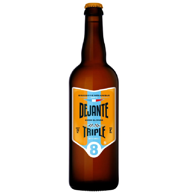 Bouteille de bière Déjanté Triple 75 cl avec son étiquette artisanale et sa mousse généreuse Bouteille de bière Déjanté Triple 75 cl avec son étiquette artisanale et sa mousse généreuse