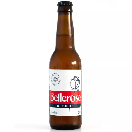 Bouteille de bière Bellerose Blonde avec mousse dorée et reflets ambrés