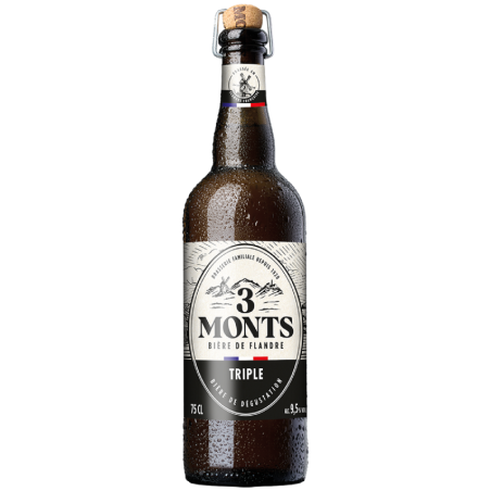 Bouteille de bière 3 Monts Triple 75 cl avec étiquette artisanale et mousse généreuse