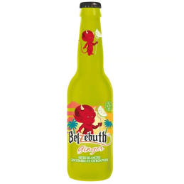 Bouteille de Belzebuth Ginger avec verre de dégustation, bière blanche dorée et mousse légère