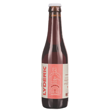 Bouteille de bière Lydéric Rouge avec fond rustique et lumière douce