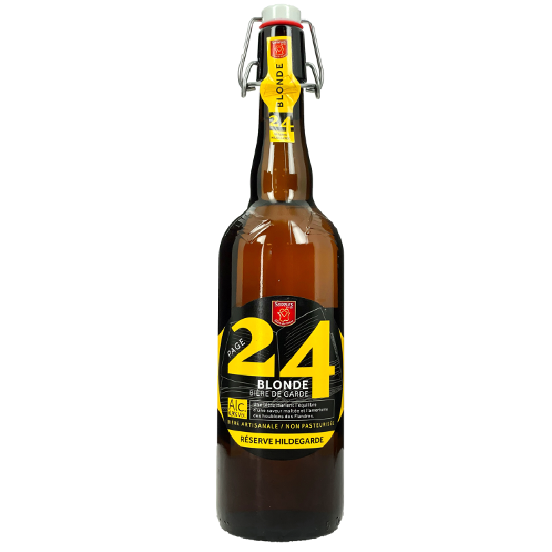 Bouteille de Page 24 Hildegarde Blonde, bière artisanale, à la robe jaune légèrement trouble. Bouteille de Page 24 Hildegarde Blonde, bière artisanale, à la robe jaune légèrement trouble.
