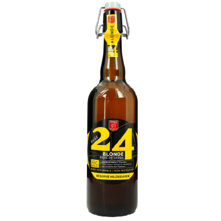 Bouteille de Page 24 Hildegarde Blonde, bière artisanale, à la robe jaune légèrement trouble.
