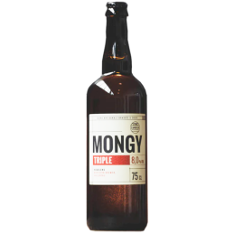 Bouteille de bière Mongy Triple 75cl de la Brasserie Cambier, blonde cuivrée avec mousse dense