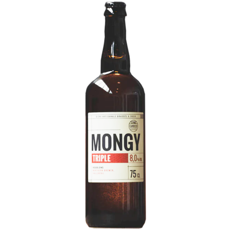 Bouteille de bière Mongy Triple 75cl de la Brasserie Cambier, blonde cuivrée avec mousse dense Bouteille de bière Mongy Triple 75cl de la Brasserie Cambier, blonde cuivrée avec mousse dense