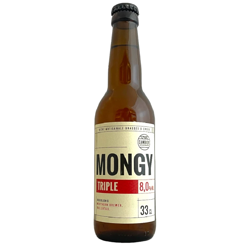 Bouteille de bière Mongy Triple 33 cl de la Brasserie Cambier, blonde cuivrée avec mousse dense Bouteille de bière Mongy Triple 33 cl de la Brasserie Cambier, blonde cuivrée avec mousse dense